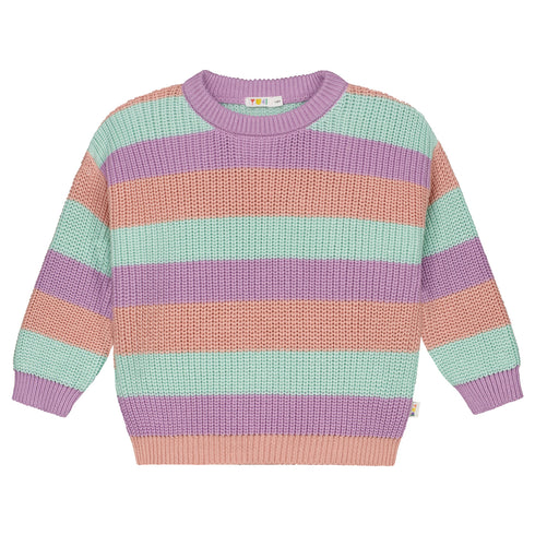 The Stripes Knitted Sweater - MARSHMELLOW (PO) by Yuki kidswear features horizontal pastel stripes in purple, mint green, and peach with long sleeves and a crew neckline—ideal for slow fashion lovers.