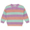 The Stripes Knitted Sweater - MARSHMELLOW (PO) by Yuki kidswear features horizontal pastel stripes in purple, mint green, and peach with long sleeves and a crew neckline—ideal for slow fashion lovers.