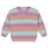 The Stripes Knitted Sweater - MARSHMELLOW (PO) by Yuki kidswear features horizontal pastel stripes in purple, mint green, and peach with long sleeves and a crew neckline—ideal for slow fashion lovers.