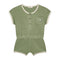 The Yuki kidswear Terry Playsuit Billie - SAGE (PO) is a short-sleeve sage green outfit with a front chest pocket, three front buttons, white trim on sleeves, neckline and legs, plus an elastic waistband for easy summer style.