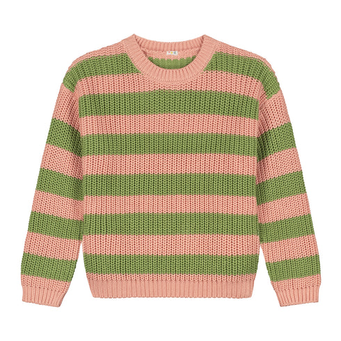 Chunky Knitted WOMEN'S Sweater - OLIVE PINK STRIPES