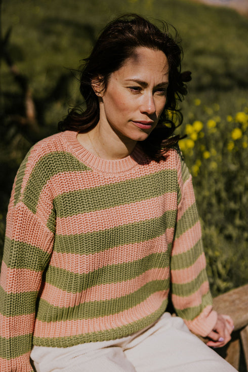 Chunky Knitted WOMEN'S Sweater - OLIVE PINK STRIPES