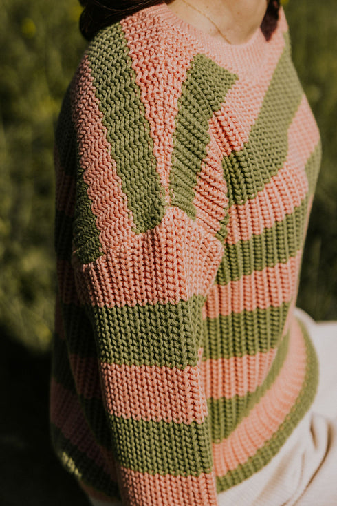 Chunky Knitted WOMEN'S Sweater - OLIVE PINK STRIPES