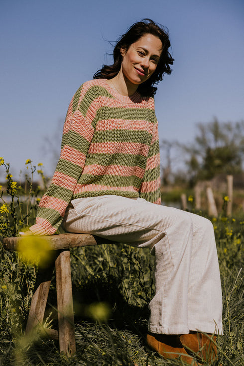 Chunky Knitted WOMEN'S Sweater - OLIVE PINK STRIPES