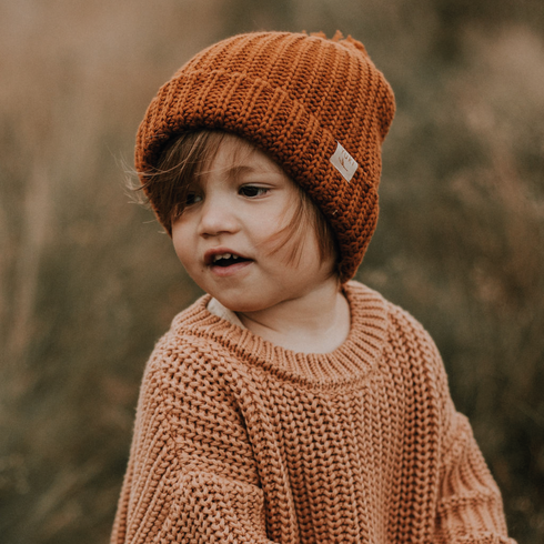 Chunky Beanie with Pompom - RUST