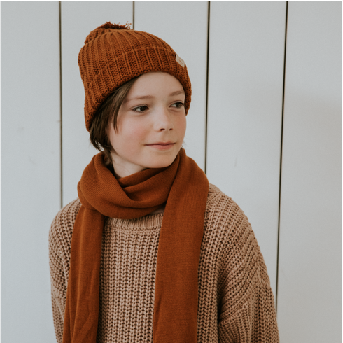 Chunky Beanie with Pompom - RUST