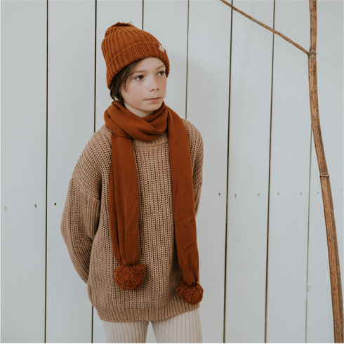 Chunky Beanie with Pompom - RUST