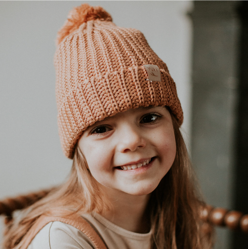 Chunky Beanie with Pompom - CORAL